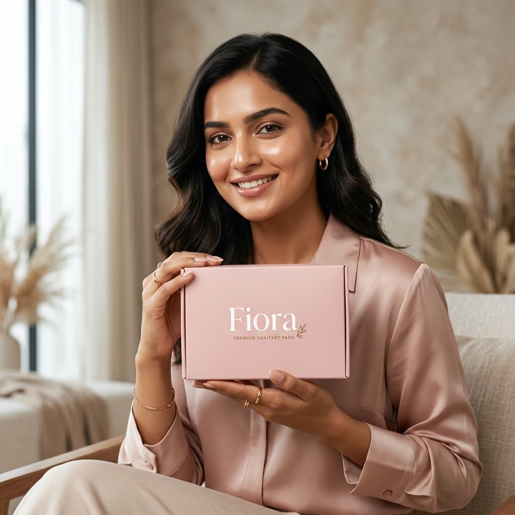 Indian model holding Fiora sanitary pad